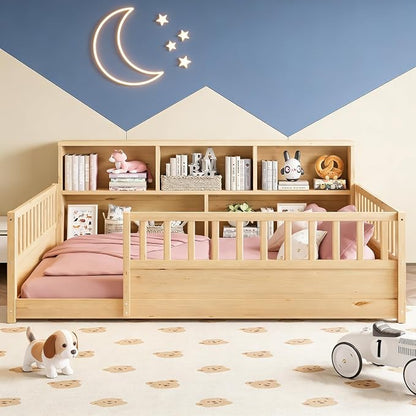 Bellemave Kids Montessori Floor Bed Full Size,Floor Bed Frame with Bookcase and Fence for Kids Boys Girls,Natural