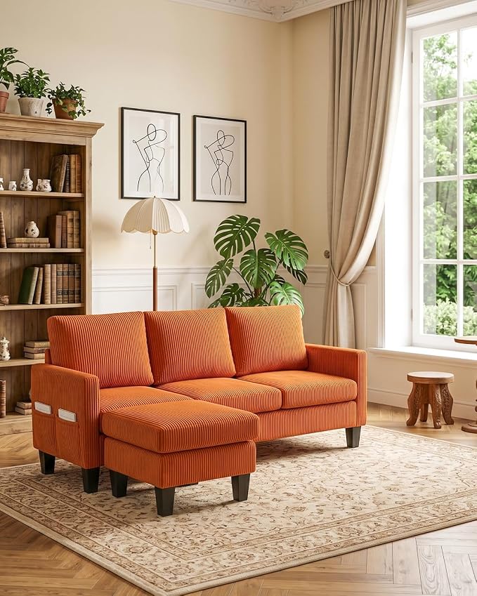 Karl home 67" Small Sectional Couch L Shaped Sofa, Orange | Movable Storage Ottoman, Corduroy Upholstered, Sofa Chaise, Side Pockets 5.9" Sofa Legs for Living Room, Apartment, Studio