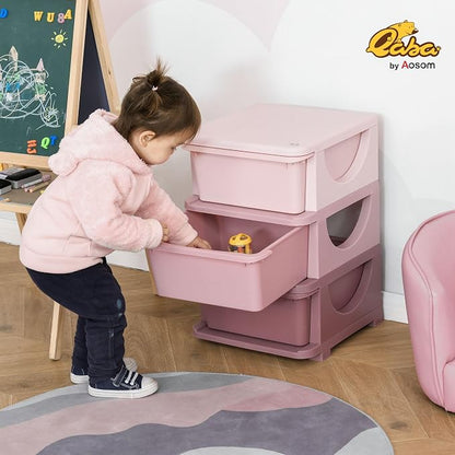 Qaba 3 Drawers Kids Storage Unit, 3 Tier Stackable Toy Organizers and Storage Chest for Bedroom, Nursery, Playroom, Living Room, Boys, Girls, Toddlers, Pink