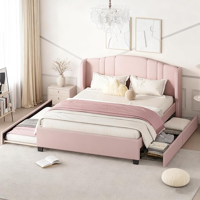 Merax Queen Size Platform Bed Frame with Twin Trundle, Storage 2 Drawers and Upholstered Headboard, No Box Spring Needed