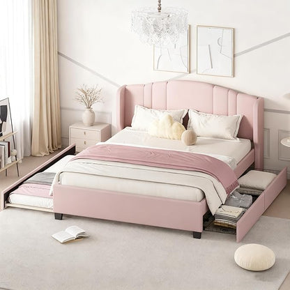 Merax Queen Size Platform Bed Frame with Twin Trundle, Storage 2 Drawers and Upholstered Headboard, No Box Spring Needed
