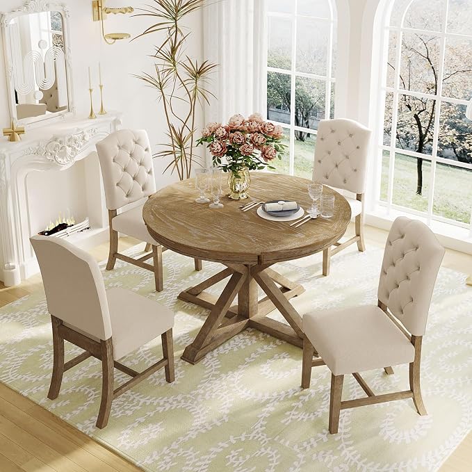 LUMISOL 42"-54" Extendable Round Dining Table for 4-6, Farmhouse Round to Oval Kitchen Table with 12" Removable Leaf and Pedestal Base, Wood Dinner Tables for Dining Room, Living Room, Natural
