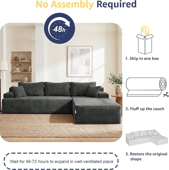 Hobestluk Modular Sectional Sofa Couches L-Shape Couch 3 Seat Modular Sofa Memory Foam Sectional Couches for Living Room, Cloud Couch with Oversized Chaise (Grey Corduroy, 108", Right Hand Facing)