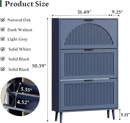 Xixini Shoe Storage Cabinet with 3 Flip Drawers, 50" Tall Narrow Wood Fluted Shoe Organizer for Entryway, Freestanding Wooden Hidden Slim Shoe Rack for Front Door Entrance, Hallway, Foyer, Navy Blue