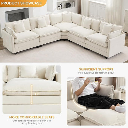 113'' V Shaped Cloud Sectional Sofa, Oversized Deep Seat Couches for Living Room, Chenille Comfy Upholstered Modular Sectional Sofa Couch, Beige