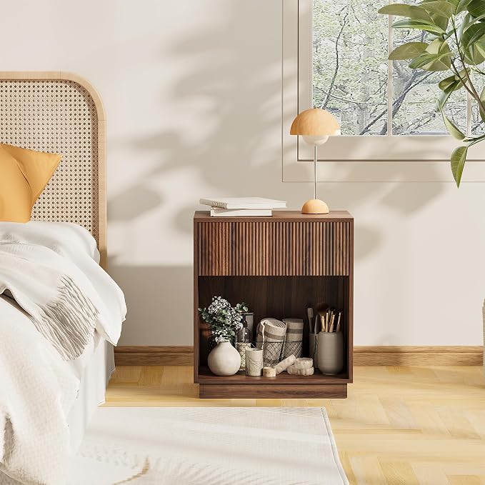 Fluted Nightstands Set of 2, Modern Bedside Table with Drawer and Storage Shelf, Wood End Table Mid Century Night Stands for Bedroom Living Room Sofa Couch Office (Walnut)