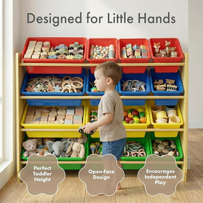 Humble Crew Toy Storage Organizer with 16 Removable Storage Bins for Kids Playroom, 4-Tier Toddler Toy Organization, Natural Wood/Primary