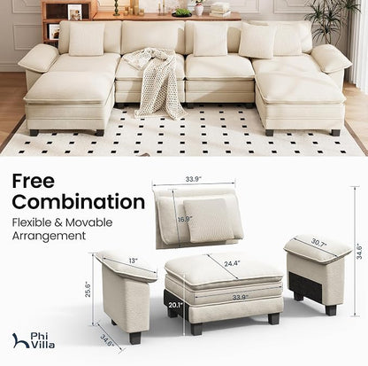 PHI VILLA Cloud Modular Couch Sets, 157.5" Oversized Sectional Sofa with U-Shaped Chaise, 6-Seater Couches with Movable Ottomans for Living Room, Chenille Beige