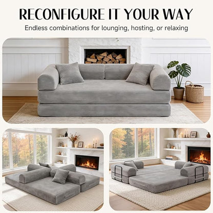 78.8" Memory Foam Boneless Couch, Corduroy Floor Sofa Bed, Convertible Sleeper Futon Loveseat, Wide Armrests & Back Support, Supports Up to 1200 lbs, Couch in a Box with 2 Pillows, Light Grey