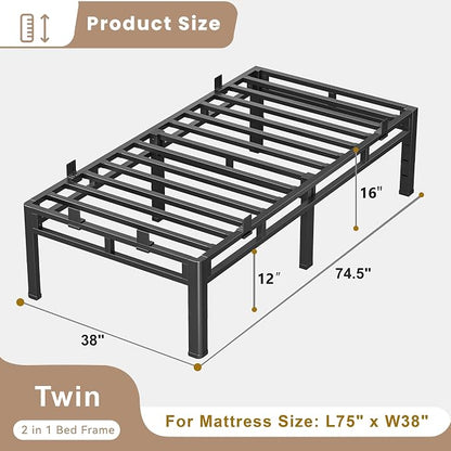 ROIL 16 Inch Twin Size Bed Frame, Double Layer Metal Bed Frame with Round Corner Legs, 4000LBS Bed Frame & Box Spring 2 in 1 Platform with Headboard Holes Mattress Baffles, Noise-Free Easy Assembly