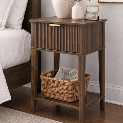 Dark Walnut 15" Wide Small Nightstand with Drawer, Open Shelf, Fluted | Deep wood tone, ribbed fluted front, 11.8-inch slim depth, concealed storage, styled for bedside, sofa side, or chair side