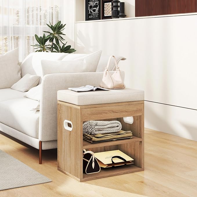 YMYNY Small Shoe Storage Bench with Cushion and Drawer, 2 Tier Adjustable Entryway Bench with Storage, Wooden Shoe Rack Bench for Entryway, Living Room, Hallway, Bedroom, Light Natural, HSC002R