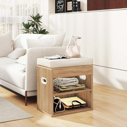 YMYNY Small Shoe Storage Bench with Cushion and Drawer, 2 Tier Adjustable Entryway Bench with Storage, Wooden Shoe Rack Bench for Entryway, Living Room, Hallway, Bedroom, Light Natural, HSC002R