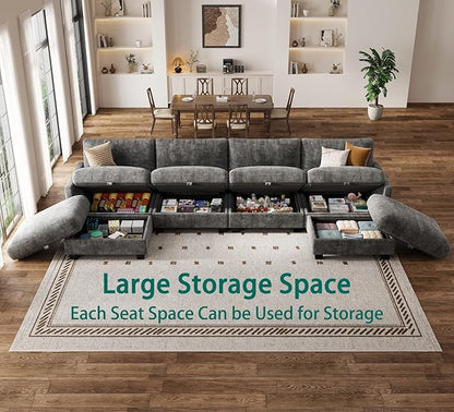 Modular Sectional V Shaped Sofa Couches for Living Room, Cloud Couch with Storage Ottoman, Comfy Chenille Sofa with Pillow, Dark Gray