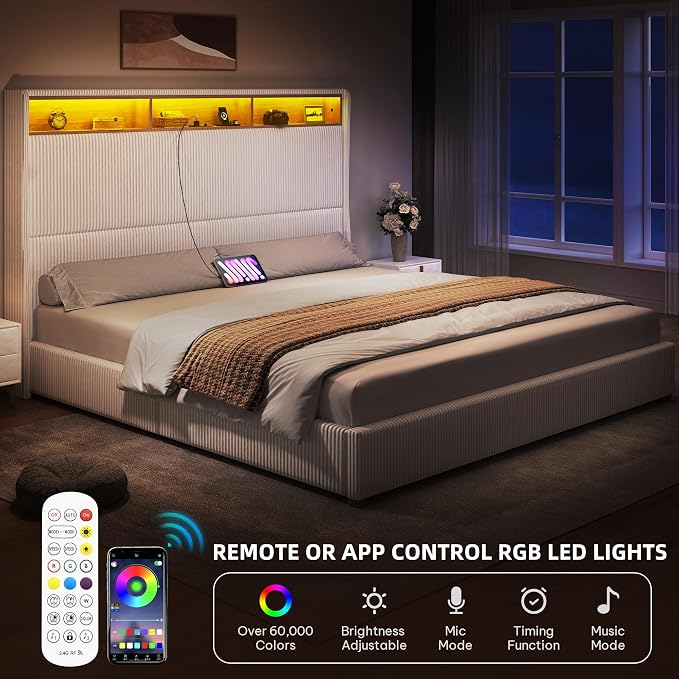 YITAHOME King Size Corduroy Upholstered Platform Bed Frame with Charging Station and RGB LED Lights, 53’’ Tall Storage Wingback Headboard, No Box Spring Needed, Easy Assembly, Noise-Free, White