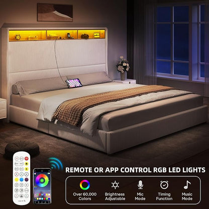 DWVO King Size Corduroy Upholstered Platform Bed Frame with Charging Station and RGB LED Lights, 53’’ Tall Storage Wingback Headboard, No Box Spring Needed, Easy Assembly, Noise-Free, White