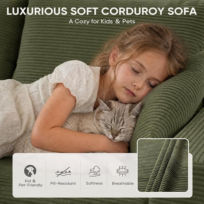 Boneless Couch, 102.4" Sectional Couches for Living Room with L Shape Sofa | Cloud Couch Sectional with Chaise, Modular Cloud Sofa with Deep Seat, No Assembly, Green, Corduroy, Left Chaise