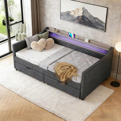 Twin Size Upholstered Daybed with Two Storage Drawers & USB | Dark Grey Linen Fabric,Two Drawers, 2-Tier Storage Shelf, USB Charging Port, LED Light, For Bedroom Apartment