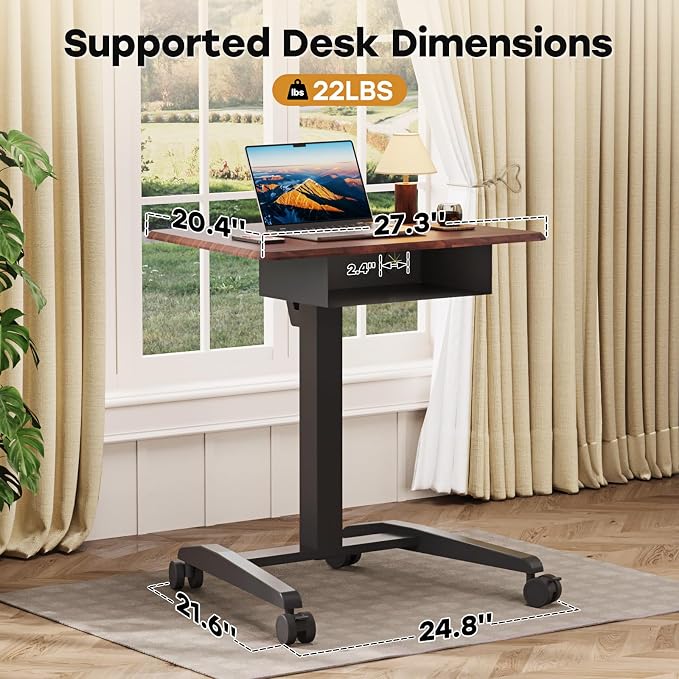 JOY worker Height Adjustable Rolling Laptop Desk with Shelf, Mobile Standing Desk, Pneumatic Mobile Laptop Table with Wheels for Couch Home Office School, Holds Up to 22lbs, Dark Walnut