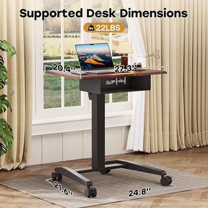 JOY worker Height Adjustable Rolling Laptop Desk with Shelf, Mobile Standing Desk, Pneumatic Mobile Laptop Table with Wheels for Couch Home Office School, Holds Up to 22lbs, Dark Walnut