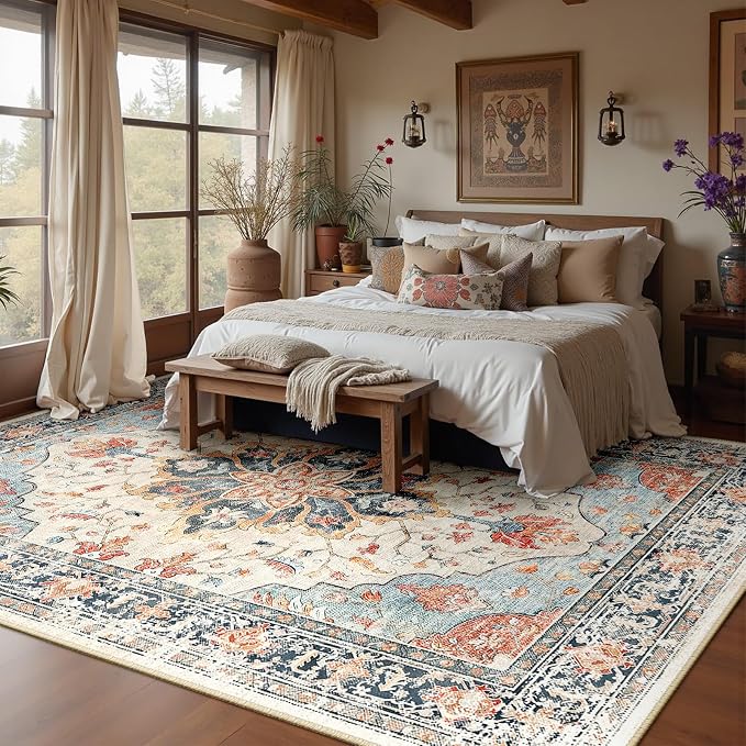RELEANY Area Rugs 6'x9' Washable Non-Slip, Floral Vintage Distress Medallion Carpet for Living Room Bedroom Dining Room, Beige Navy Blue Orange Colorful