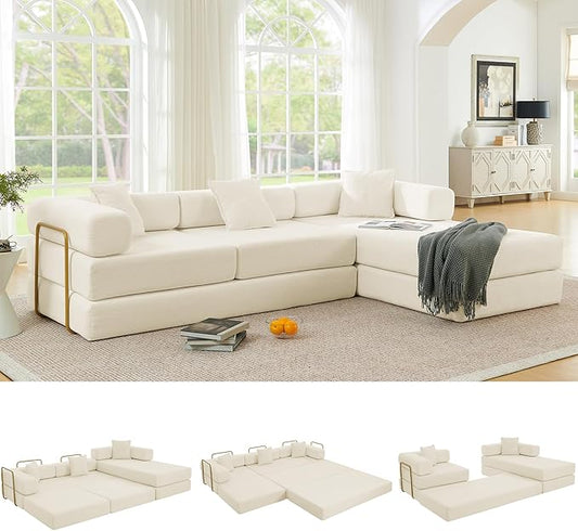 ivoros 108" Oversized Convertible Sleeper Sofa Bed, Corduroy L Shape Sectional Couch, Folding Sofa Bed with Fixed-Shape Frame, Modern Cloud Floor Mattress Couch, Modular Sofa for Living Room, Beige