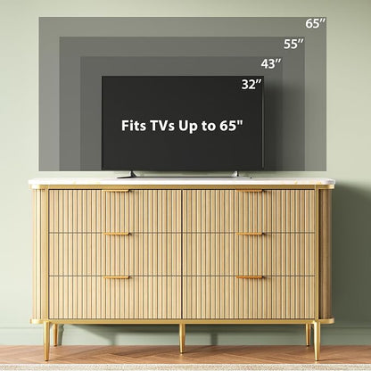 Fluted 6 Drawers Dresser for Bedroom, 55" Wide Modern Vertical Chest with Faux Marble Top, Dresser TV Stand, Wood Drawer Organizer for Living Room, Hallway