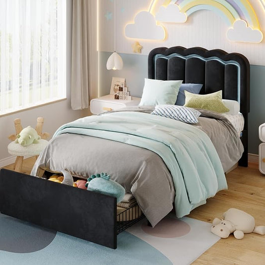 SHA CERLIN Upholstered Twin Size Bed Frame with LED Lights and Large Storage Drawer, Velvet Platform Bed with Adjustable Wavy Headboard, Noise Free, Easy Assembly, No Box Spring Needed, Soft Black