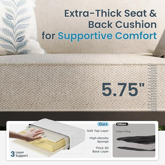 PHI VILLA Metal Patio Sofa with 5.75" Extra-Thick Waterproof Cushion, 3 Seater Deep Seat & High Back Outdoor Couch, All Weather Porch Furniture for Deck Backyard Front Porch Apartment,Beige