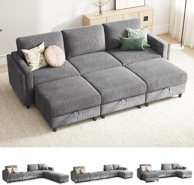 KKL 6 Seaters Sofa Bed for Living Room - Sofa Couch with Storage Ottoman, Convertible L/U-Shaped Sleeper Couch for Living Room, Modern Reversible Design, Grey
