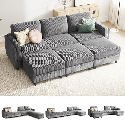KKL 6 Seaters Sofa Bed for Living Room - Sofa Couch with Storage Ottoman, Convertible L/U-Shaped Sleeper Couch for Living Room, Modern Reversible Design, Grey