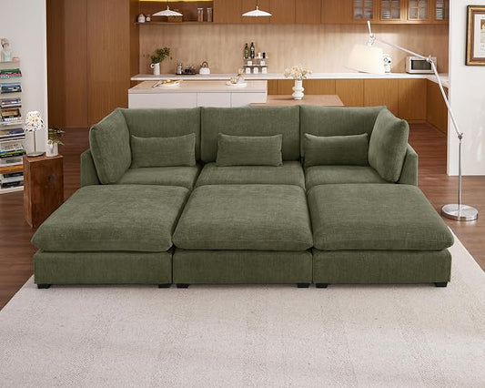 115" Oversized Chenille Couch Modular Sectional Sofa, Washable Cloud Couch Sectional with 3 Ottoman, 6 Seater Sectional Couches for Living Room, Fully Cover Removable, Sleeper Sofa, Chenille, Green