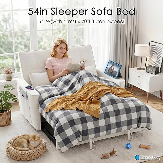 54'' Sleeper Sofa Bed, Convertible Pull Out Couch Futon for for Living Room,Apartment (Beige, Loveseat) Side Pockets, Velvet Fabric, Adjustable Backrest, Pull-Out Bed, Easy Assembly