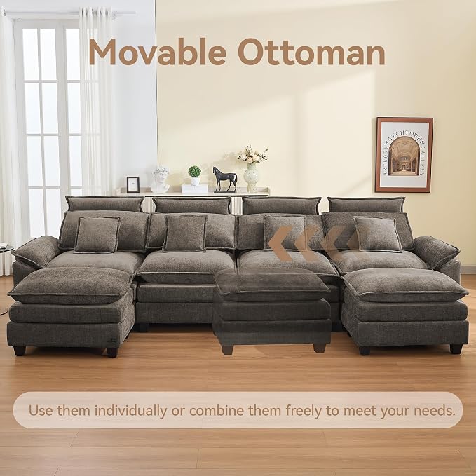 134'' Cloud Modern 4 Seater Couch with Detachable Headrest, Modular Sectional Sofa with 2 Ottomant, Oversized U Shape Chenille Comfy Sofa with Armrests for Living Room, Brown