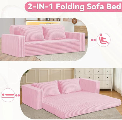 HABUTWAY 78" Loveseat Boneless Couch, 4-in-1 Convertible Sofa Bed, Plush Fur Folding Futon Sofa Bed Couches with 2 Pillows for Living Room, High-Density Foam Support, No Assembly Required, Pink