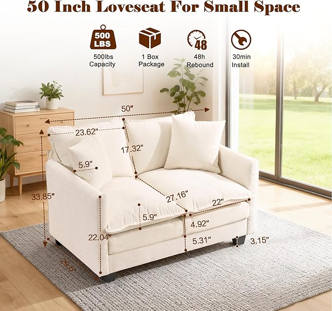 50'' Loveseat Sofa Cloud Sofa Couch, Modern Loveseats 2 Seat Couch 27" Deep Seat with 2 Pillows for Small Spaces Apartment Studio Office Bedroom Living Room, Beige