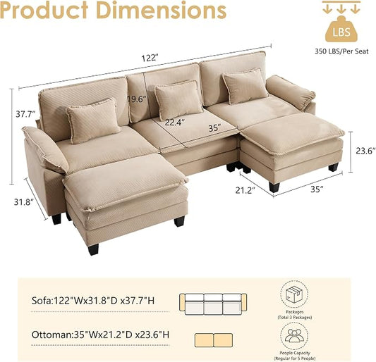 URRED Oversized Modular Sectional Sofa, 122" U Shaped Modern Comfy Cloud Couch with Movable Ottoman & Pillows, Deep Seat Couches for Living Room, Bedroom or Apartment (Corduroy Khaki, 122" U Shaped)