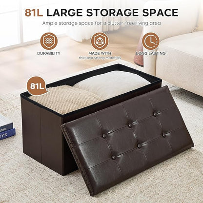 oakvivo 30 Inches Folding Storage Ottoman Bench, Ottoman PU Leather Tuffed End of Bed Bench, Foot Rest with Rivet Design, Ottoman with Storage for Living Room, Bedroom, Entryway, Coffee Brown
