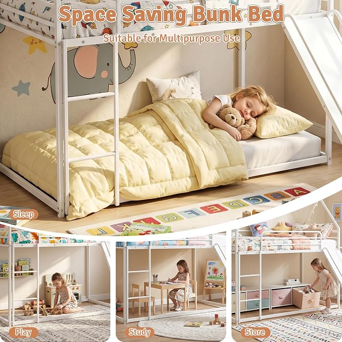 Bunk Bed with Slide, Twin Over Twin Bunk Bed with Ladder and Guardrail, Space Saving & Heavy Duty House Loft Bed for Kids, No Box Spring Needed(White)