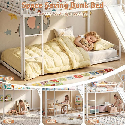 Bunk Bed with Slide, Twin Over Twin Bunk Bed with Ladder and Guardrail, Space Saving & Heavy Duty House Loft Bed for Kids, No Box Spring Needed(White)