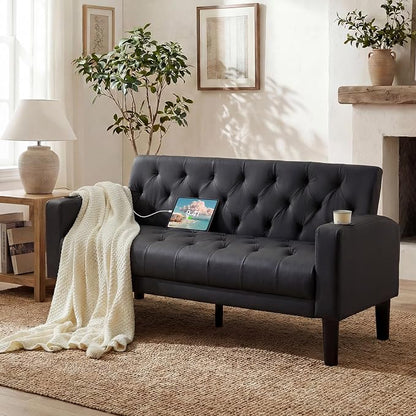 TYBOATLE 62" W Loveseat Sofa w/ 2 USB Charger Ports and 2 Cupholders, Mid-Century Modern Tufted Black Leather Small Love Seat Couches for Compact Living Room, Office, Bedroom, Apartment, Dorm
