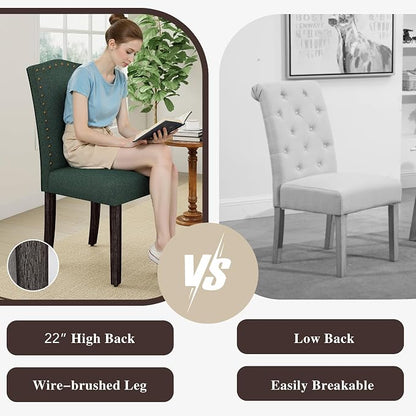 LSSBOUGHT Fabric Dining Chair Upholstered Parsons Kitchen Chair with Copper Nails and Solid Wood Legs for Dining Room,Restaurant (Green, 4PCS)