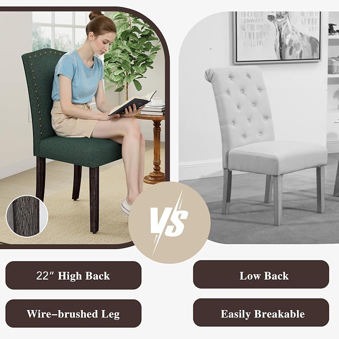 LSSBOUGHT Dining Chairs Set of 2, Upholstered Parsons Dining Room Chairs Fabric Kitchen Chairs with Solid Wood Frame and Nailhead Trim(Green, 2PCS)