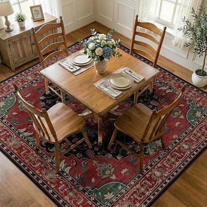 RELEANY Area Rugs Square 7ft Washable Non-Slip, Floral Vintage Distress Medallion Carpet for Living Room Bedroom Dining Room, Red Black