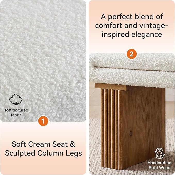 Solid Wood Entryway Bench, 47" Farmhouse End of Bed Bench, Ottoman Indoor Bench with Cushion, Upholstered Window Bench for Entryway, Living Room, White & Brown