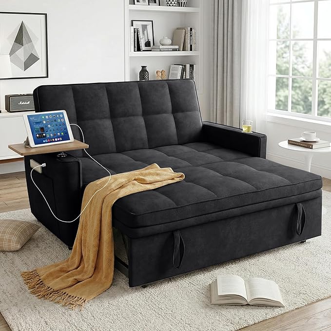 54'' Sleeper Sofa Bed, Convertible Pull Out Couch Futon for for Living Room,Apartment (Black) Side Desk, USB Ports, Cup Hold, Velvet Fabric, Adjustable Backrest, Easy Assembly