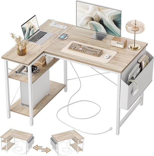TIQLAB L Shaped Computer Desk with Power Outlets, 40 Inch Small Corner Desk with Reversible Shelves, Gaming Desk Computer Table Study Writing Table for Home Office Bedroom Small Space, Maple