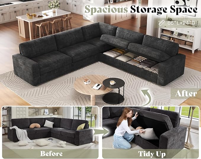 AMERLIFE 106" Oversized Sofa Bed, Sectional Sleeper Sofa with Pull Out Bed, 3 in 1 Convertible Sofa Bed, L Shaped Couch with Storage, High Resilience Mattress, Chenille Grey
