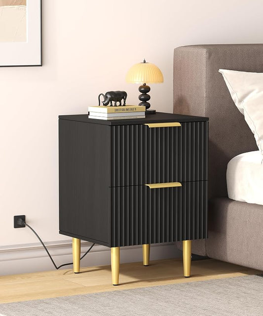 Akxomel Black Nightstand Set of 2, Fluted Night Stand with Charging Station, 13.8" D x 15" W x 23.2" H, 2 Drawers Modern Bedside Table with USB Ports and Outlets, Golden Side Table for Bedroom