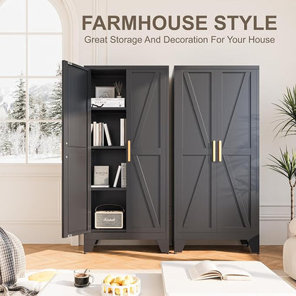 Baborokic 61H Metal Storage Cabinet with 2 Doors and Adjustable Shelves,Farmhouse Storage Cabinet with Barn Doors,Pantry Storage for Home,Office,Dining Room,Kitchen(Black)